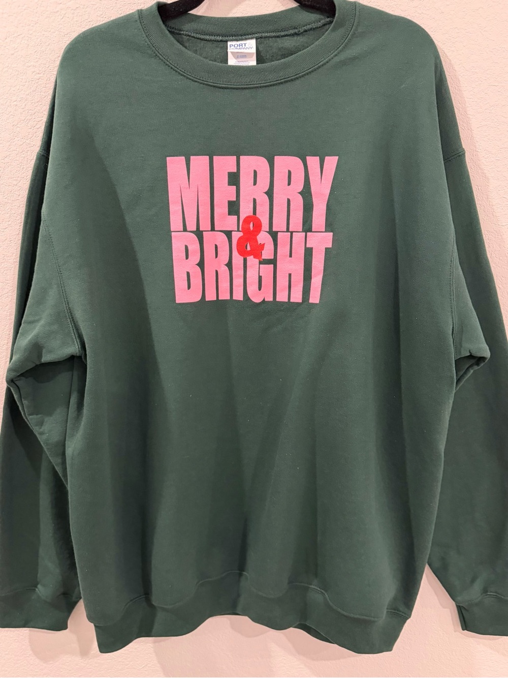 Port & Co. Christmas Green Pink Crewneck MERRY & BRIGHT Fleece Sweatshirt XL